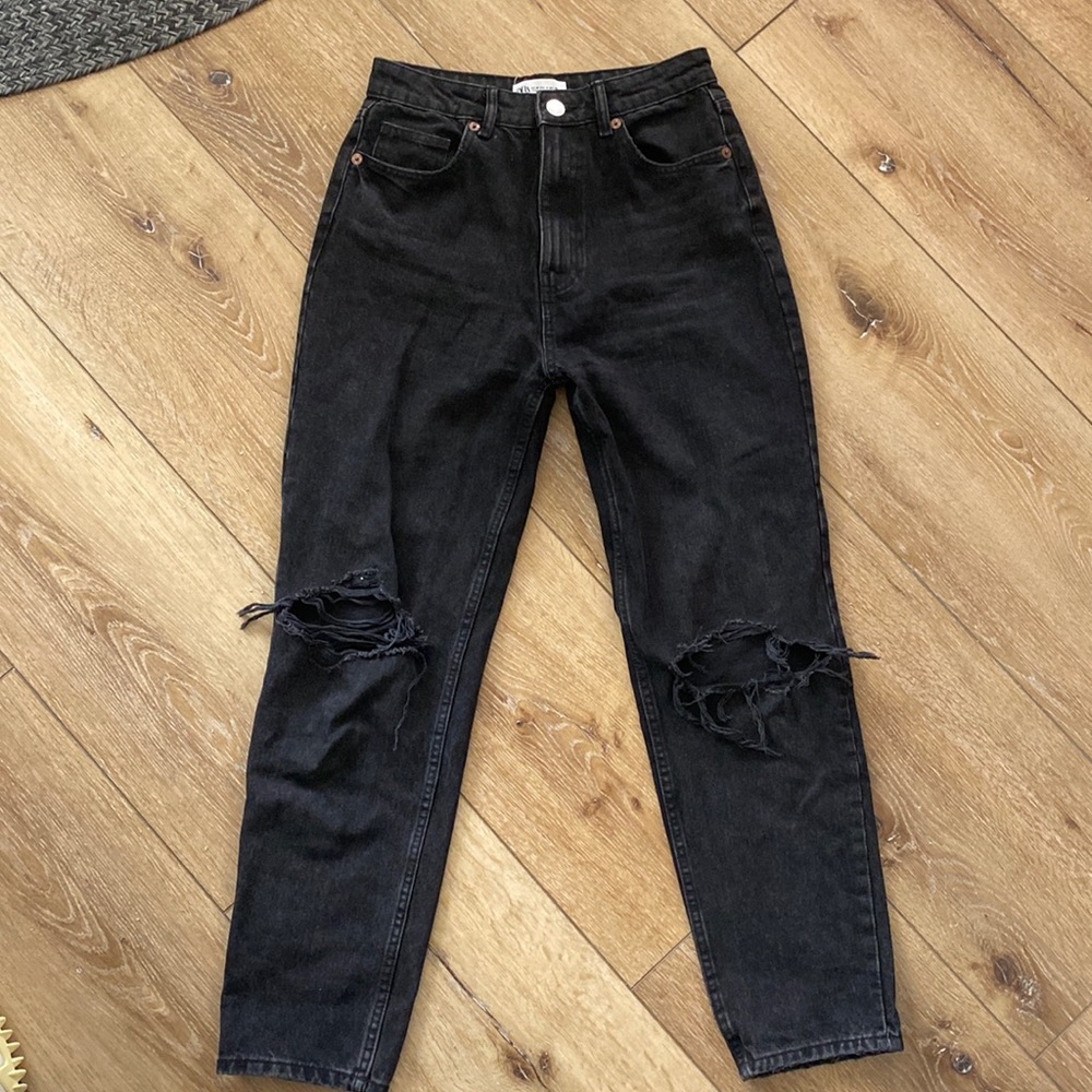 Black Zara High Rise Distressed Mom Jeans